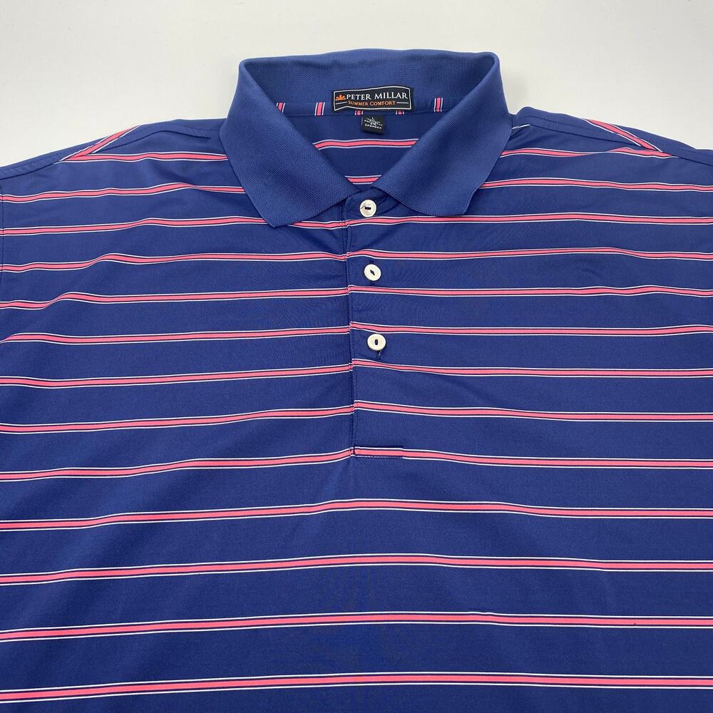 Peter Millar Summer‎ Comfort Large Blue Pink Striped Golf Polo Shirt